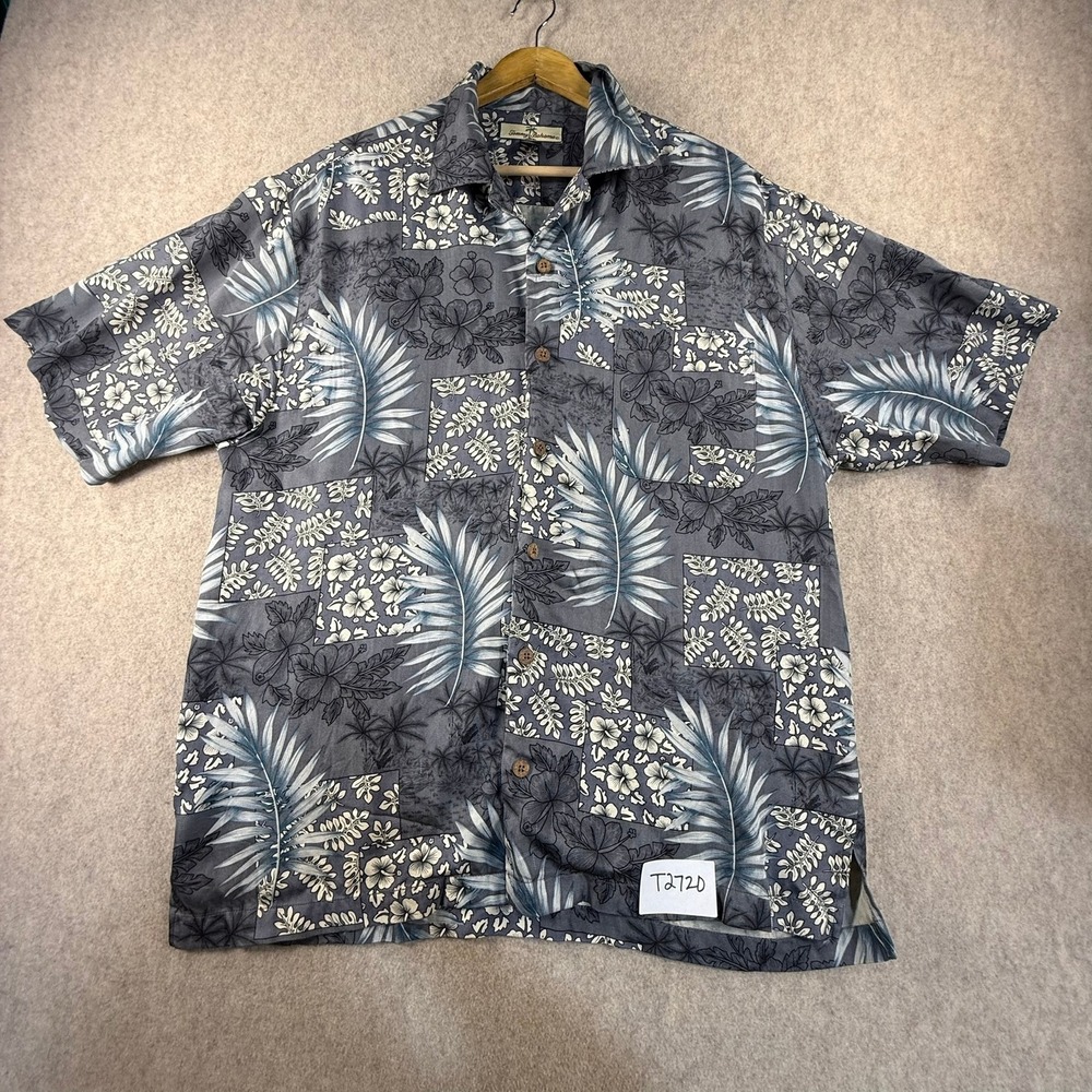 Tommy Bahama Mens M Silk Camp Shirt Blue Grey Tropical Floral Hibiscus